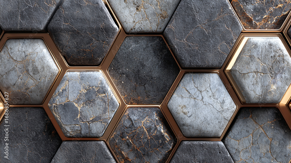 Poster close-up of glimmering grey hexagon stone texture. geometric pattern with reflective surface, ideal 