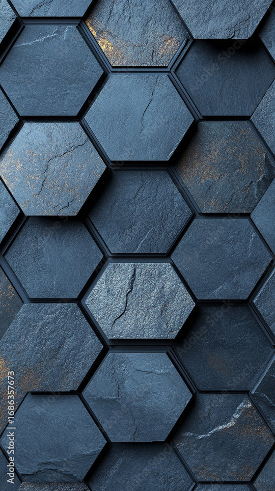 Poster close-up of glimmering grey hexagon stone texture. geometric pattern with reflective surface, ideal 