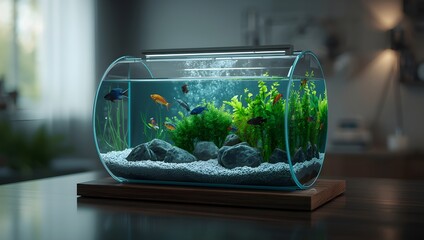 Stylish Glass Fish Tank with Aquatic Plants and LED Light  Contemporary Home Accent Elegant Aquarium Setup with Tropical Fish and White Gravel  Indoor Lifestyle Scene Minimalist Cylinder 