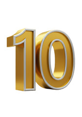 3D Rendered Golden Number Ten With Silver Border Isolated On Transparent Background