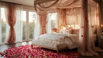 Dreamy canopy bedroom with sheer curtains, rose petals on a plush duvet, and soft gold lighting