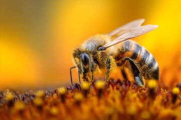 Extreme Close-up shot of a bee on a sunflower