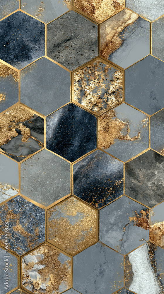 Poster close-up of glimmering grey hexagon stone texture. geometric pattern with reflective surface, ideal 