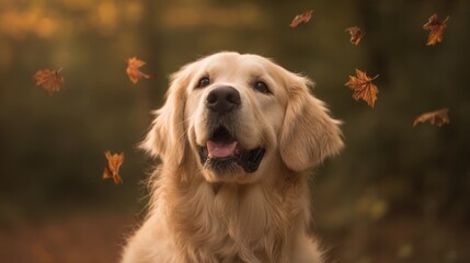 A joyful Golden Retriever surrounded by autumn leaves, embodying the warmth and playfulness of the fall season.