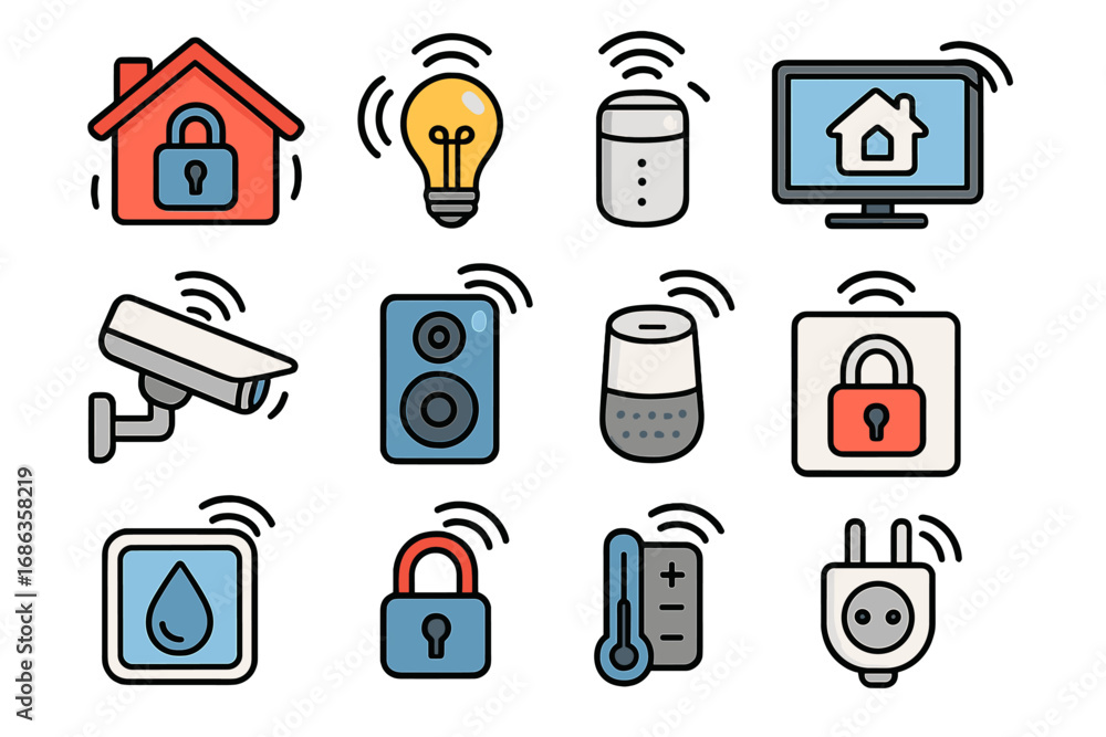 Poster smart home icon set illustrating home automation. vector collection of connected devices: security c