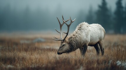Majestic elk grazing in a misty meadow, amidst nature's serene ambiance