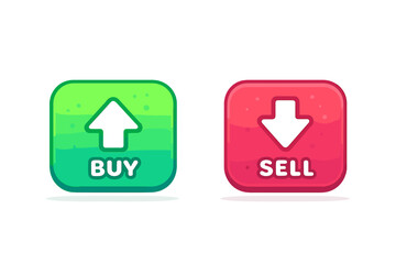 Buy and sell gradient buttons for trading and finance apps. Vector up and down arrow icons for stock market, forex, and crypto user interface design. Cartoon style UI elements.