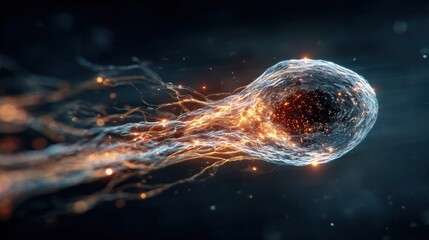 A primordial cell glowing and dividing quickly in a dark aquatic setting, surrounded by intense energy trails.