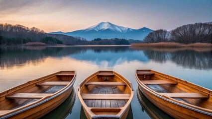 Fototapeta premium Sunrise kayaking in Alps glow over calm lake, wooden boat trio mirrored on water, snow mountain and bare tree shore invite quiet adventure