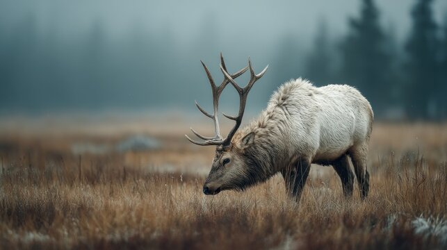 Majestic elk grazing in a misty meadow, amidst nature's serene ambiance - Powered by Adobe