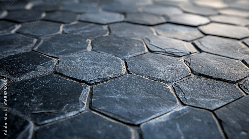 Poster close-up of glimmering grey hexagon stone texture. geometric pattern with reflective surface, ideal 