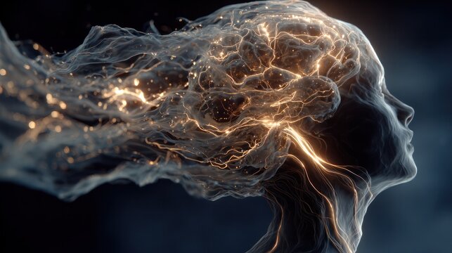 Abstract brain silhouette with glowing neural impulses on a cosmic background, symbolizing thought and cognition.