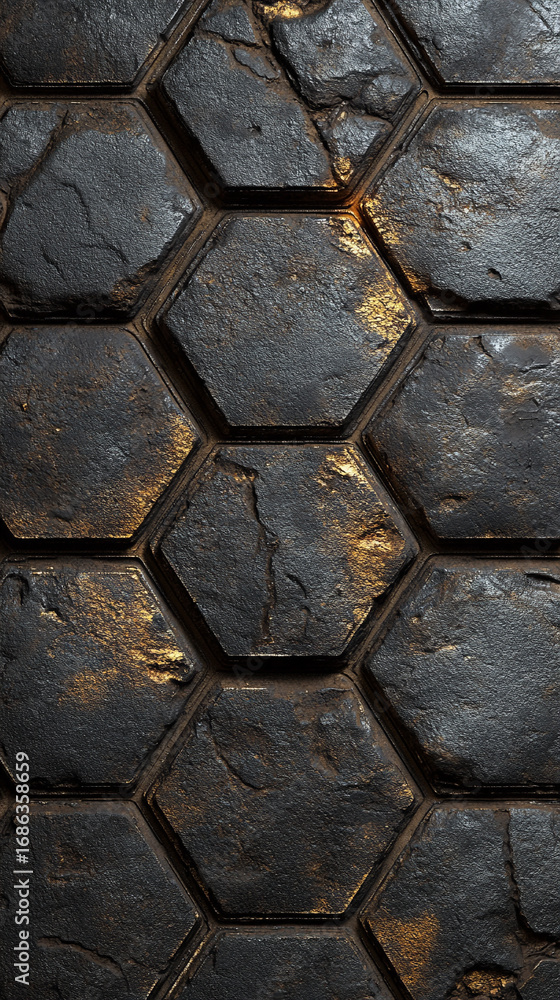 Poster close-up of glimmering grey hexagon stone texture. geometric pattern with reflective surface, ideal 