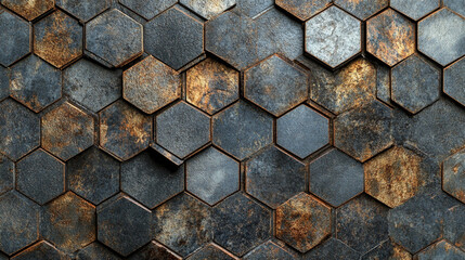 Close-up of glimmering grey hexagon stone texture. Geometric pattern with reflective surface, ideal for modern design, architecture, and background visuals.