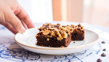 Delicious brownies with nuts and chocolate chips arranged on a white plate.