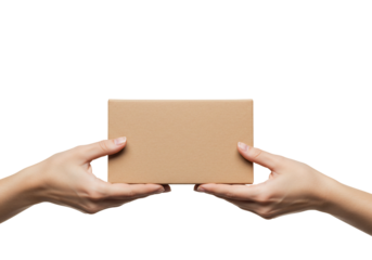 Hands exchanging a small cardboard box on transparent background