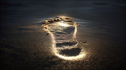 Imprint of a single footstep in moist sand, displaying even pressure distribution with a soft therapeutic glow.