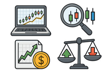 Trading tools vector icon set. Financial symbols for investment strategy and market analysis. Candlestick chart, growth graph, balance scale. Stock exchange business concept.