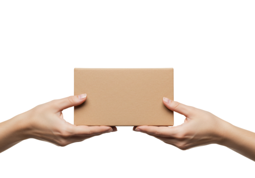 Hands exchanging a small cardboard box on transparent background
