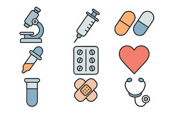 Medical Icons Set with Microscope, Syringe, Pills, Heart, Stethoscope, Bandages, Test Tube, Droplet in Simple Flat Vector Cartoon Style with Transparent Background