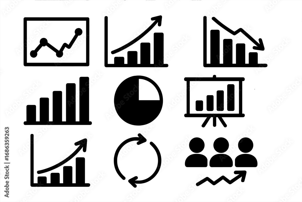 Poster data visualization icon set. business analytics symbols. bar chart, pie chart, and line graph for fi