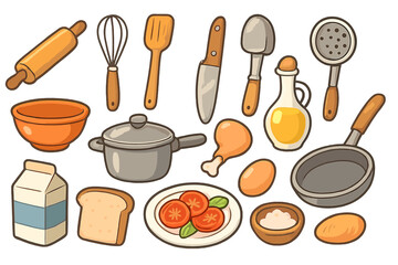 Big set of cooking elements. Kitchen utensils and food ingredients. Vector cartoon collection with pan, pot, egg, milk, chicken for breakfast or dinner recipe illustration.