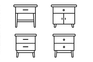 Minimalist black and white line art of modern nightstands collection, vector cartoon illustration with transparent background, sleek bedside tables set, furniture icon design