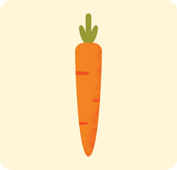 Carrot with green leaves and textured details isolated on beige background. Minimalist flat style with natural colors. Concept of healthy food, organic farming.