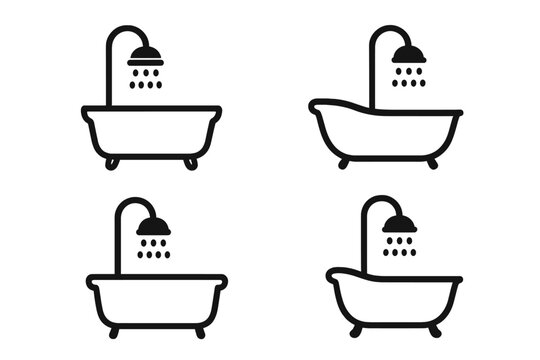 Minimalist bathtub and shower icons set in black and white, vector cartoon illustrations with transparent background, stylish bathroom design elements, ordered icon collection