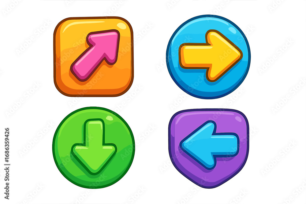 Aufkleber set of colorful 3d navigation arrow buttons. cartoon vector icons for game ui. glossy plastic pointe