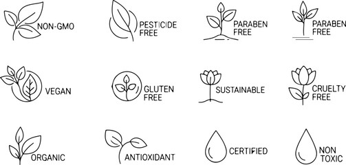 Set of non GMO, paraben free, natural, pesticides free, vegan, gluten free, non toxic, cruelty free, certified, sustainable, organic, antioxidant line art icons	