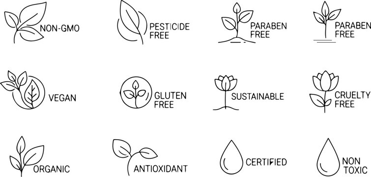 Set of non GMO, paraben free, natural, pesticides free, vegan, gluten free, non toxic, cruelty free, certified, sustainable, organic, antioxidant line art icons	