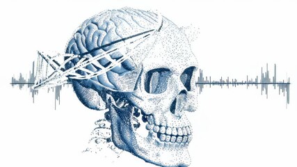 Skull with brain and DNA strand illustration, soundwave background representing genetics, behavioral health, medical anatomy, neuroscience, cognitive science, brainwave analysis, scientific - Powered by Adobe