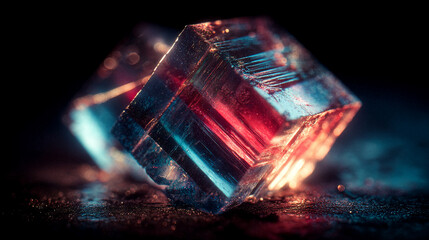Glowing abstract gradient with layered glass effects in red, blue, and cyan on black. Prism-inspired composition with soft refractions, modern aesthetic, and vibrant, futuristic visual appeal.
