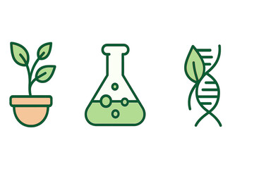 Minimalist Eco Science Vector Icons Set of Nature, Laboratory Flask, and Green Biotechnology DNA Symbols, Cartoon Style Transparent Background, Environmental and Scientific Concepts