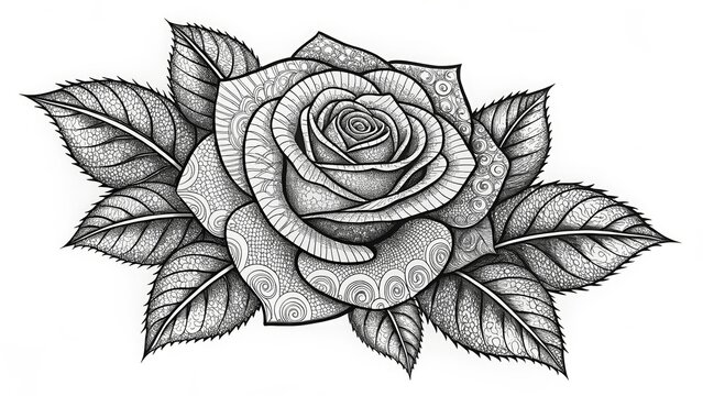 Highly detailed black and white illustration of a rose flower and leaves with intricate patterns. Great for coloring pages, tattoo designs, and art/romance blogs