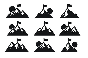 Mountain peak with flag icon set. Vector silhouette collection of summit symbols. Concept for success, goal achievement, victory, and leadership. Business mission accomplished.