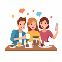 Friends Taking Selfie at Coffee Shop &ndash; Happy Flat Vector Illustration, AI-Generated