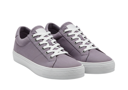 Purple canvas sneakers with white soles on transparent background