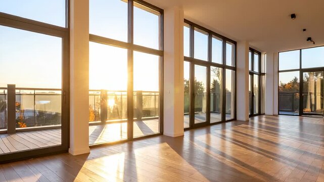 Sunlit empty room with large windows and balcony
