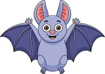 Cartoon bat with pink nose and wide smile — purple body, open wings, raised arms, expressive eyes, friendly nocturnal character