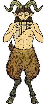 A mythical faun or satyr playing the pan flute. An ancient creature from Greek mythology with goat legs and horns. Hand drawn vintage style illustration.