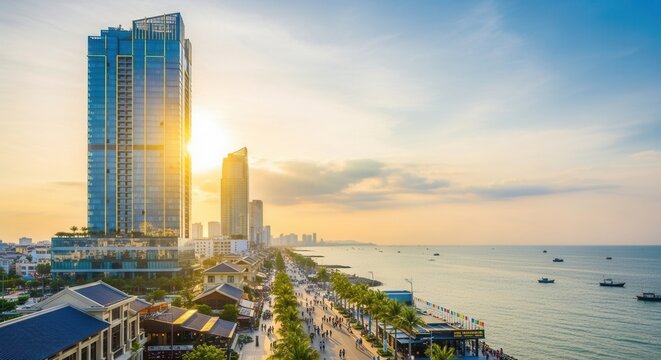 Picturesque Da Nang Vietnam cityscape with modern architecture and stunning beach promenade at