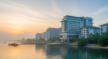 Naklejka premium Serene beachfront resort at sunrise offers luxury accommodation with stunning architecture and