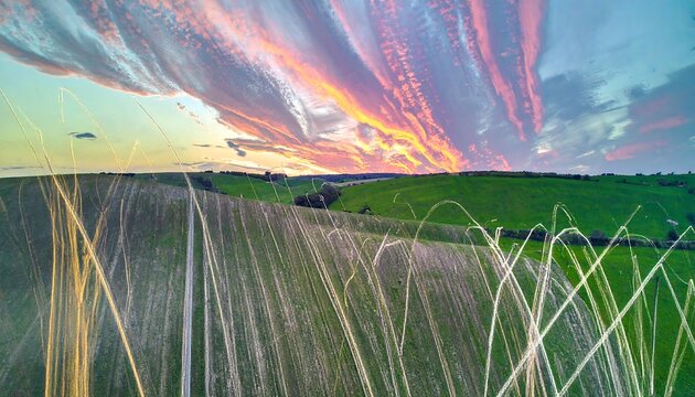 Colorful sunset over rolling green hills