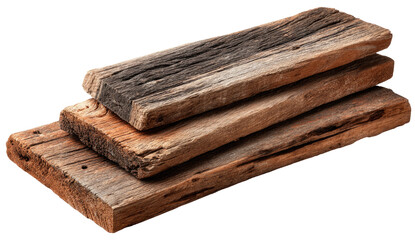 Three stacked weathered wooden planks.  Stacked, aged wood pieces, light brown tones, natural grain patterns, rough textures, various shades