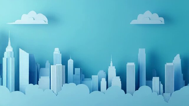 Paper cityscape emerging from clouds in monochromatic blue serenity