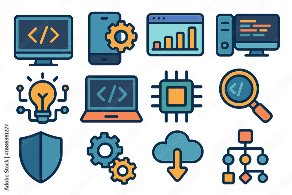 Poster colorful icon collection for technology and programming. vector symbols for coding, software develop