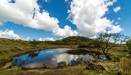 Tranquil mountain pond reflecting a vibrant sky