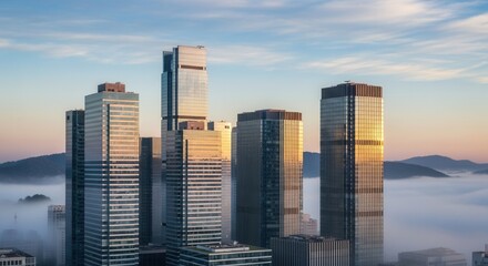 Fototapeta premium Sunrise illuminating modern city skyscrapers rising above a blanket of fog in the valley